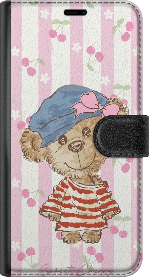 Kompatibel Tegnebogsetui til Google Pixel 11 Pro Bamse med blå hue og lyserød sløjfe på lyserøde striber med små kirsebær pink