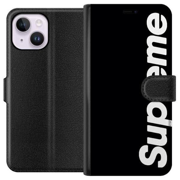 Apple iPhone 15 Plus Plånboksfodral Supreme Svart Vit Streetwear Design Klassisk Modeikon Trend Urban Stil Grafiskt Motiv Populär