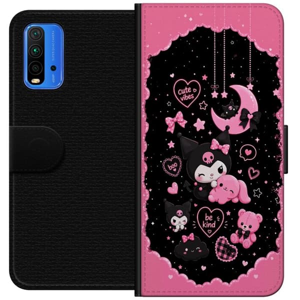 Kompatibel Tegnebogsetui til Xiaomi Redmi Note 9 4G Søde lyserøde og sorte gothfigurer med hjerter, måne, stjerner og positiv tekst sort