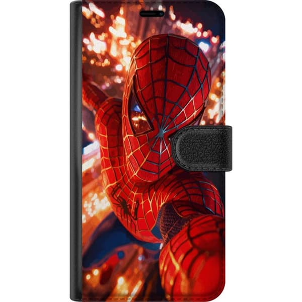 Kompatibelt Lommeboketui til OnePlus 8 Pro Spider-Man i intens action med glitrende lys og dynamisk perspektiv i filmatisk superheltstil