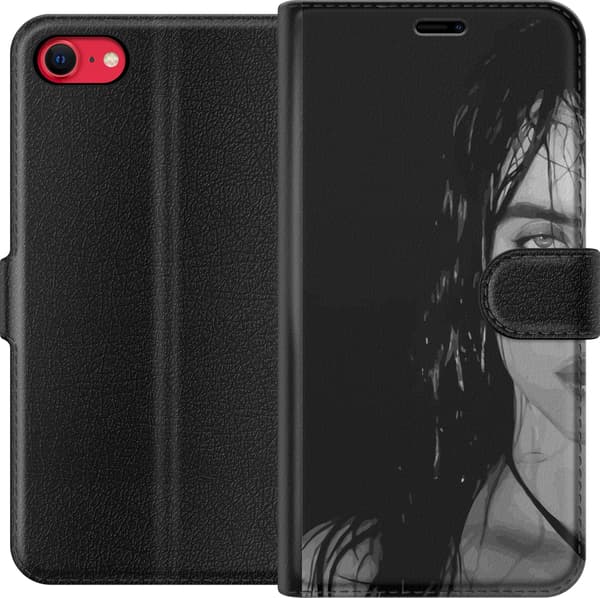 Kompatibel Tegnebogsetui til Apple iPhone 8 Nærbillede af en mørkhåret kvinde med vådt hår i sort-hvid mod en sort baggrund sort