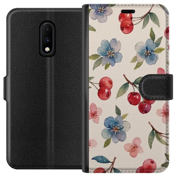 OnePlus 7 Tegnebogsetui Bær & Blomster - mønster med blå bl