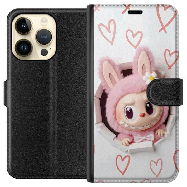 Apple iPhone 15 Pro Lompakkokotelo Labubu Sydän Taustakuva Pop Mart Rakkausteema Hahmodesign Suosittu Motiivi Keräilytaideteossarja