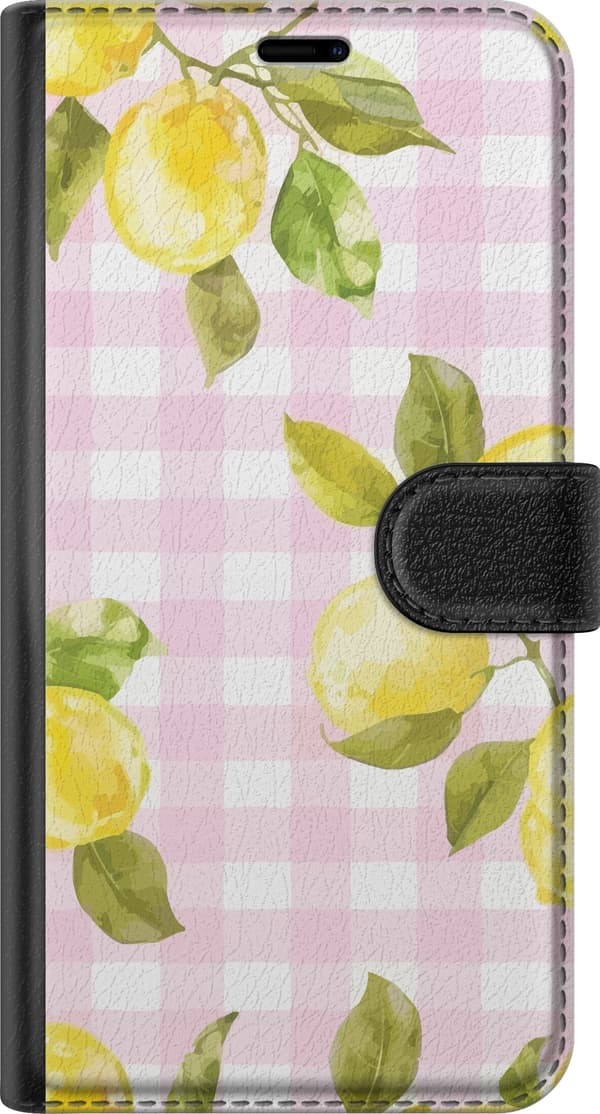 Kompatibel Tegnebogsetui til OnePlus 8 Pro Citroner på lyserøde tern - citrusmønster i gul og lyserød pink