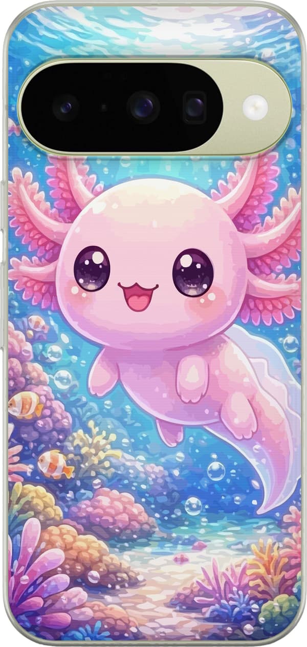 Kompatibelt Mobildeksel til Google Pixel 10 Rosa axolotl med store glitrende øyne blant koraller i blått vann blå
