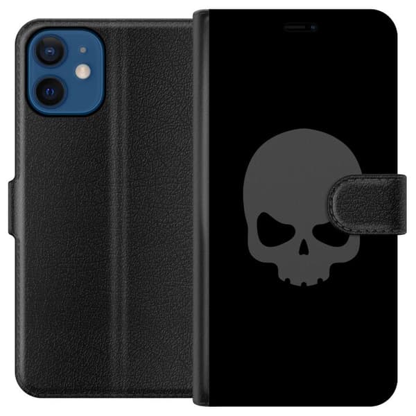 Kompatibel Tegnebogsetui til Apple iPhone 12 mini Enkel dødningehoved i grå tone mod sort baggrund, elegant og moderne design