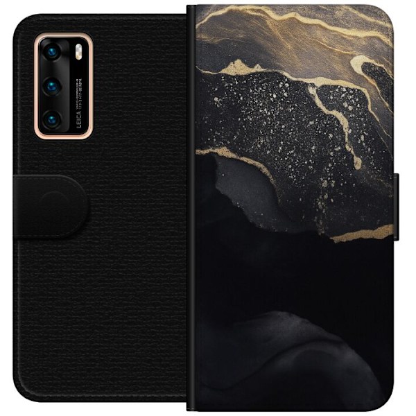 Huawei P40 Tegnebogsetui Sort guld abstrakt