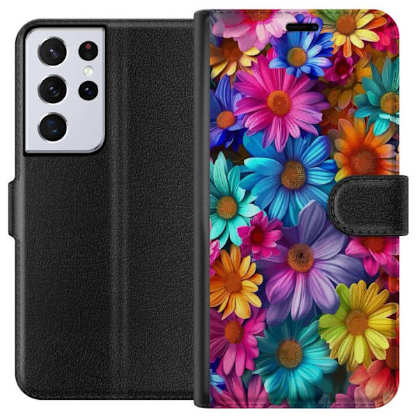 Samsung Galaxy S21 Ultra 5G Plånboksfodral Gerbera Blommor Färgglad Dekor Blommotiv Populärt Heminredning Färg Rik Väggkonst Design