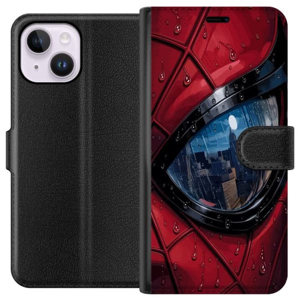 Kompatibelt Lommeboketui til Apple iPhone 14 Plus Nærbilde av Spider-Man-maske med regndråper og byrefleksjon i øyet rød