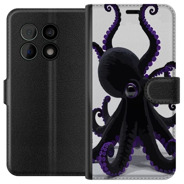 Kompatibel Tegnebogsetui til OnePlus 10 Pro Sort blæksprutte med lilla detaljer i et elegant havtema mod en lys baggrund sort