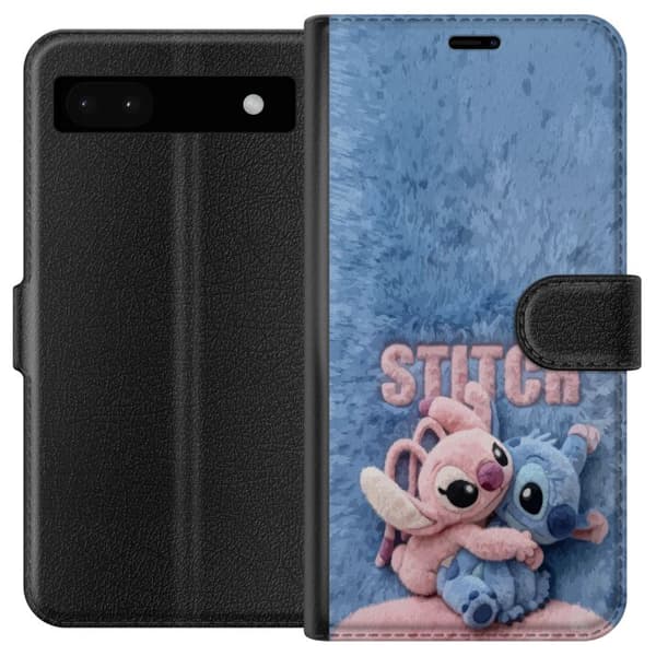 Kompatibel Tegnebogsetui til Google Pixel 6a Søde lyserøde og blå tegneseriefigurer, der krammer mod en blød pelsblå baggrund med stor lyserød tekst blå