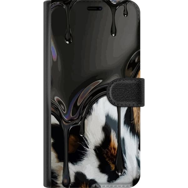 Kompatibel Tegnebogsetui til Google Pixel 10 Pro Sort flydende dråbemønster over sort-hvidt dyremotiv med brune detaljer, moderne dyrisk design sort