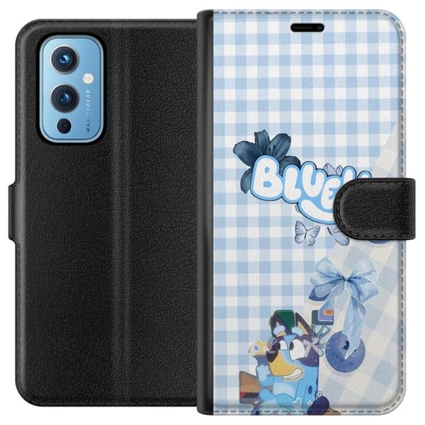 Kompatibel Tegnebogsetui til OnePlus 9 Bluey med blå sløjfe og ternet baggrund blå