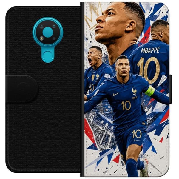 Kompatibel Tegnebogsetui til Nokia 3.4 Kylian Mbappé i dynamisk fodboldcollage med blå, hvide og røde detaljer blå