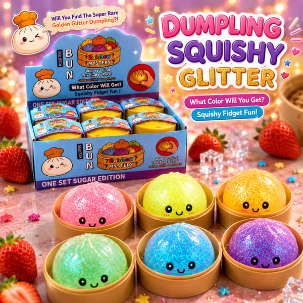 Sugar Bun Dumpling Squishy 8,5 cm – Glitrende Stressbold, Fidget Toy & Sensorisk Klemmelegetøj i Tilfældig Farve