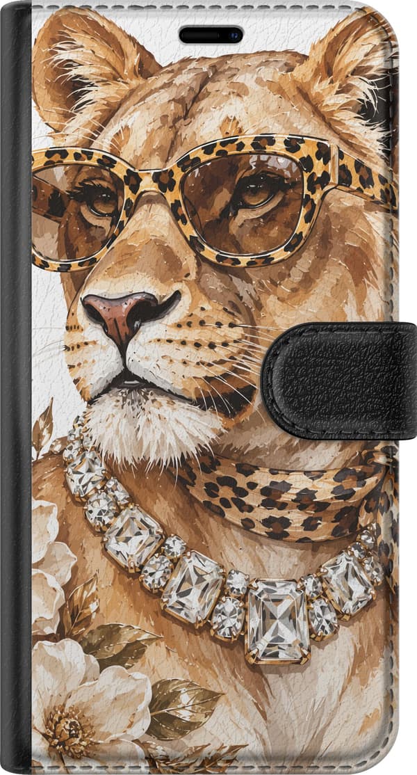 Kompatibel Tegnebogsetui til Google Pixel 9 Brun løvinde med leopardmønstrede solbriller, sløjfe og blomster på hvid baggrund brun
