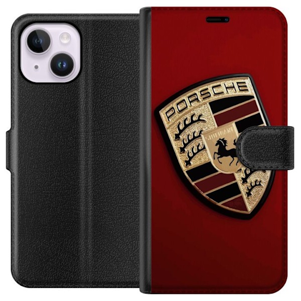 Apple iPhone 15 Plus Tegnebogsetui Mobil etui med stilfuld Porce-logo i sort og hvid