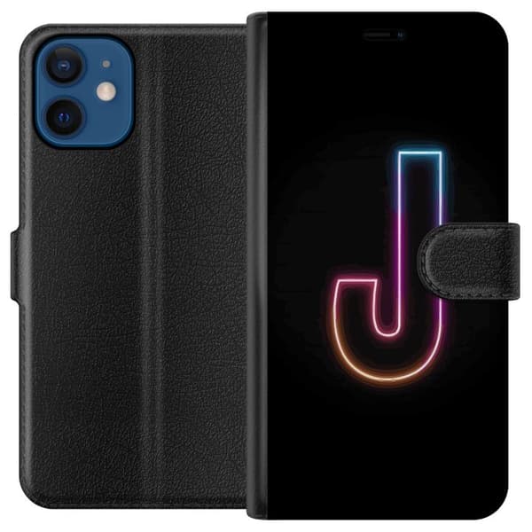 Kompatibel Tegnebogsetui til Apple iPhone 12 Minimalistisk neonbogstav J i farveskiftende lys mod sort baggrund