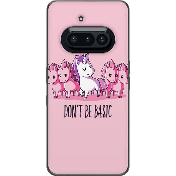 Kompatibel Mobilcover til Nothing Phone (3a) Hvid enhjørning blandt lyserøde heste med teksten Don't Be Basic mod en lyserød baggrund, legende og hum pink