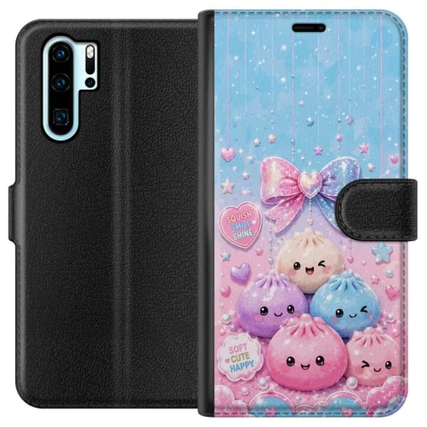 Kompatibel Tegnebogsetui til Huawei P30 Pro Søde pastel figurer med stor sløjfe, hjerter og stjerner i rosa og blå nuancer pink