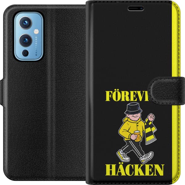 Kompatibel Tegnebogsetui til OnePlus 9 Gul supporter - Tegnet supporter i gult tøj og hat mellem gule tekstlinjer på sort baggrund sort