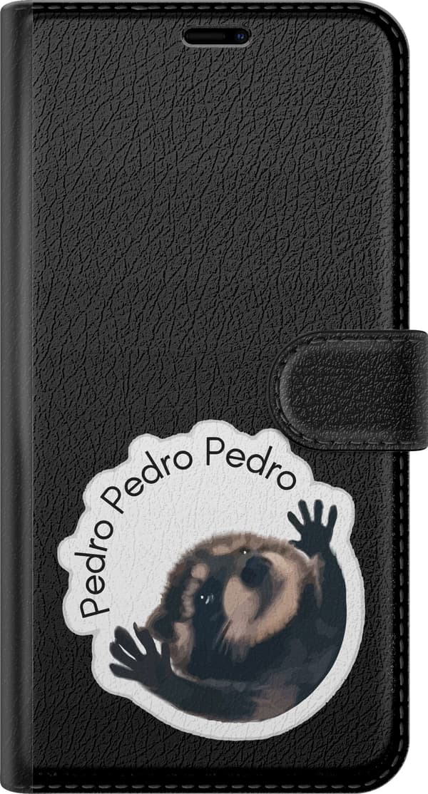 Kompatibel Tegnebogsetui til Apple iPhone 11 Pro Sortbrun vaskebjørn med opstrakte poter og Pedro-tekst i en bue sort