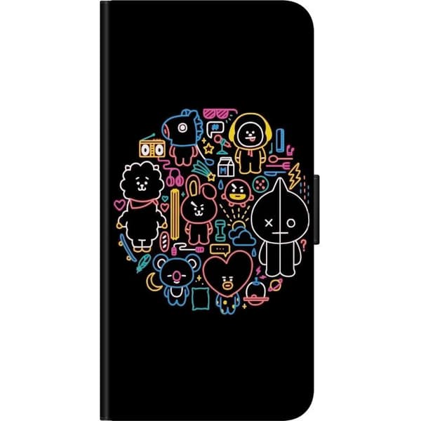 Kompatibel Tegnebogsetui til Samsung Galaxy Note9 Farverige neonfigurer og små symboler på sort baggrund, legende figurcollage sort