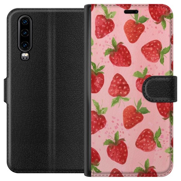 Huawei P30 Tegnebogsetui Jordbærdrømme - Retro-stil jordbærmønster