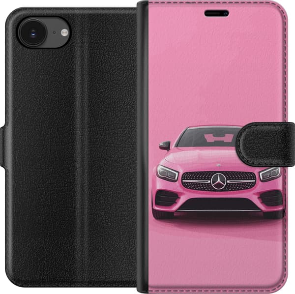 Kompatibel Tegnebogsetui til Apple iPhone 16e Lyserød luksusbil set forfra mod minimalistisk lyserød baggrund pink