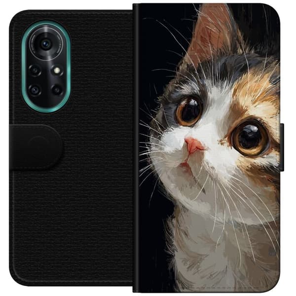 Kompatibel Tegnebogsetui til Huawei nova 8 Pro Kunstnerisk portræt af trefarvet kat med store brune øjne mod sort baggrund sort