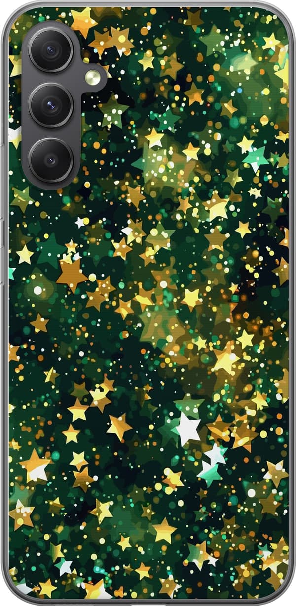 Kompatibelt Mobildeksel til Samsung Galaxy A35 Glitrende gullstjerner og lyspunkter på dypgrønn bakgrunn grønn