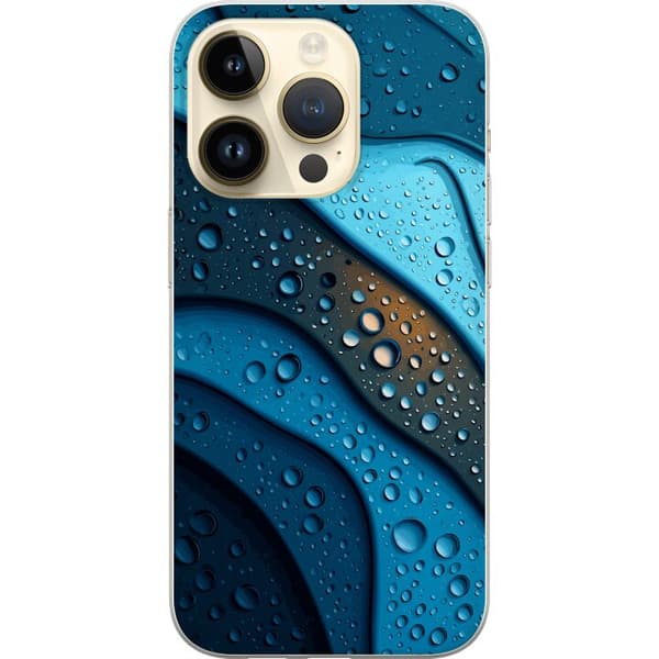 Kompatibelt Mobildeksel til Apple iPhone 14 Pro Blå abstrakte bølger med glitrende vanndråper i moderne grafisk design blå