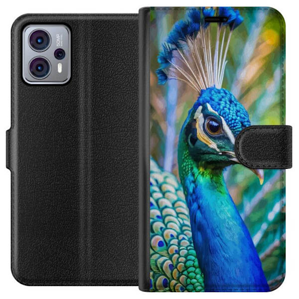 Motorola Moto G23 Lompakkokotelo Pavun Sulat Värikäs Design Lintuaihe Eksoottinen Graafinen Suunnittelu Luonto Ylellinen Koristelu
