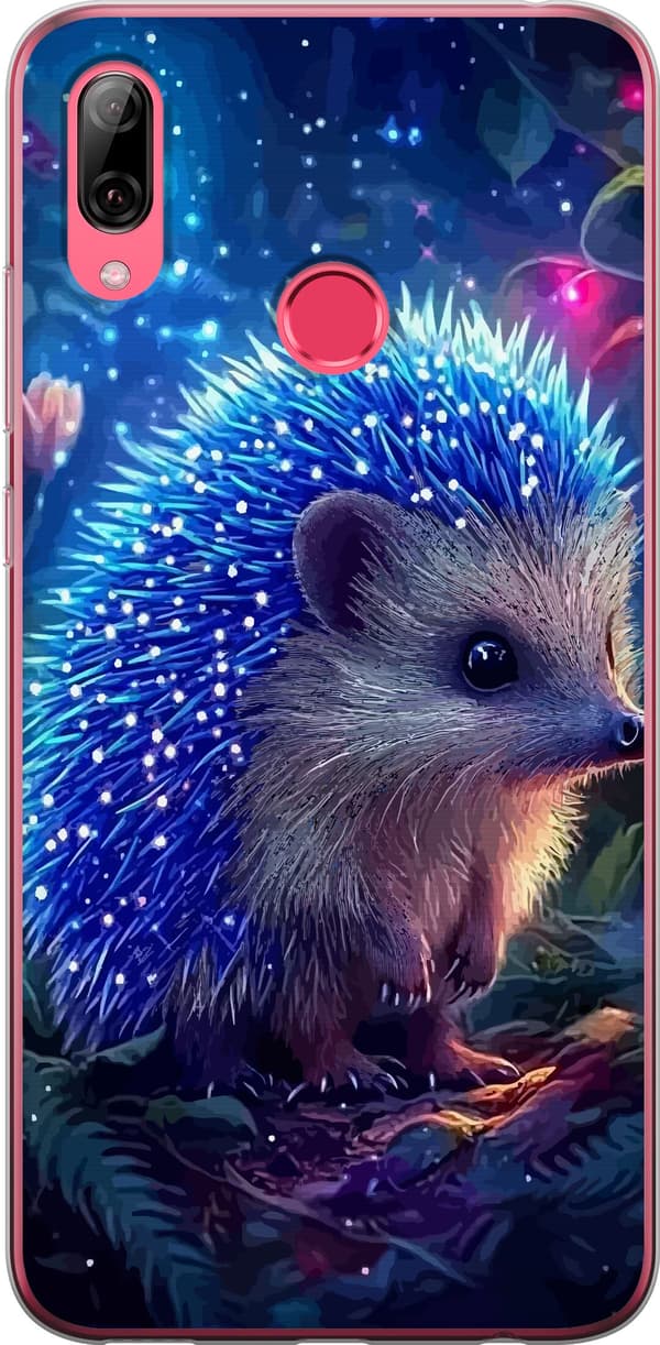 Kompatibelt Mobildeksel til Huawei Y7 (2019) Pinnsvin med blålysende pigger blant planter og stjernelignende lyspunkter blå