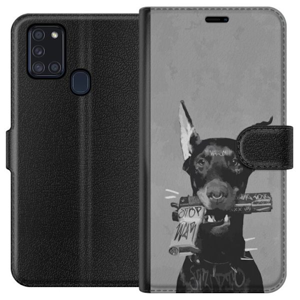 Samsung Galaxy A21s Plånboksfodral Grå Hund Grafisk Design Tuff Djurmotiv Street Art Urban Trend Hundälskare Stil Populärt Motiv