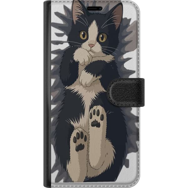 Kompatibel Tegnebogsetui til OnePlus Nord Illustreret sort-hvid kat med synlige poter og store gule øjne sort
