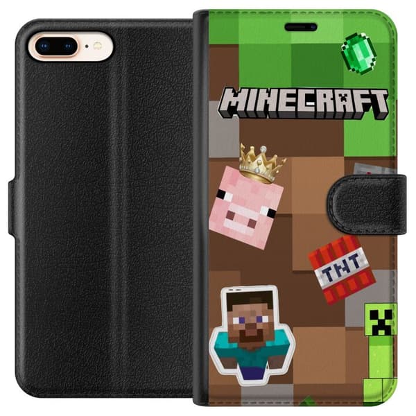 Kompatibelt Plånboksfodral till Apple iPhone 8 Plus Blockinspirerat motiv med figurer, dynamit, krona och gröna pixelrutor brun