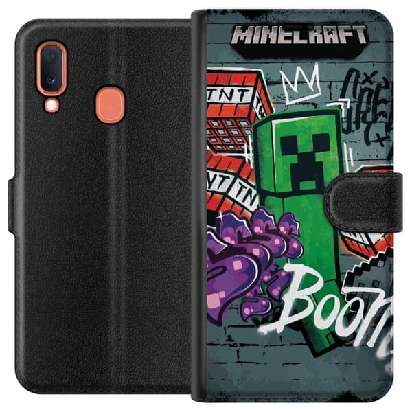 Kompatibelt Plånboksfodral till Samsung Galaxy A20e Grön blockfigur med dynamit, graffitidetaljer och mörk urban bakgrund grön