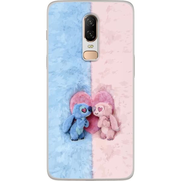 Kompatibel Mobilcover til OnePlus 6 Søde blå og lyserøde figurer foran et stort lyserødt hjerte pink