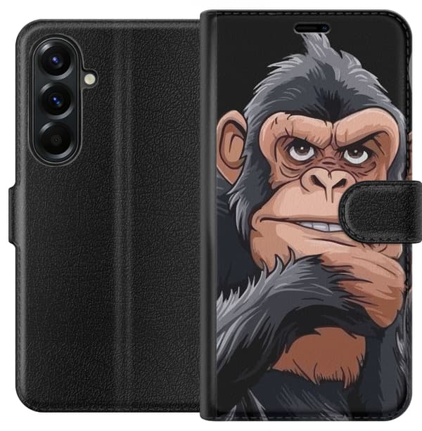 Kompatibel Tegnebogsetui til Samsung Galaxy A27 Illustreret chimpanse med cigar, der viser langfingeren mod sort baggrund sort
