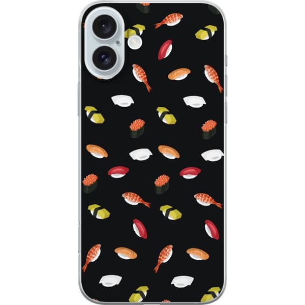 Kompatibel Mobilcover til Apple iPhone 16 Plus Mønster med sushi, nigiri, rejer og rogn mod sort baggrund sort