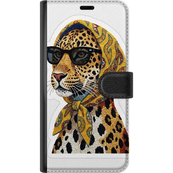 Kompatibel Tegnebogsetui til Apple iPhone 16 Pro Max Illustreret leopard med sorte briller og gult mønstret tørklæde mod hvid baggrund gul
