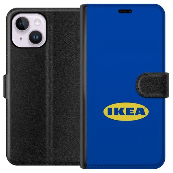 Kompatibel Tegnebogsetui til Apple iPhone 15 Plus Blå baggrund med gul IKEA-logo i minimalistisk grafisk design blå