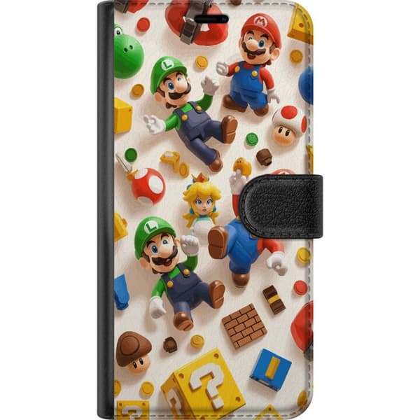 Kompatibel Tegnebogsetui til Apple iPhone 12 mini Farverig spilillustration med Mario, Luigi, Peach og klassiske spilelementer, nostalgisk gamingstem