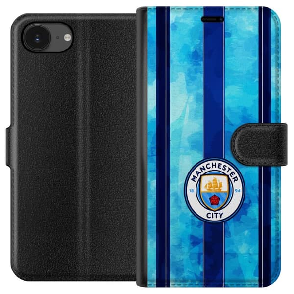 Kompatibel Tegnebogsetui til Apple iPhone 17e Stort cirkelformet fodboldemblem mod lyseblå og mørkeblå lodrette striber med subtil tekstur blå