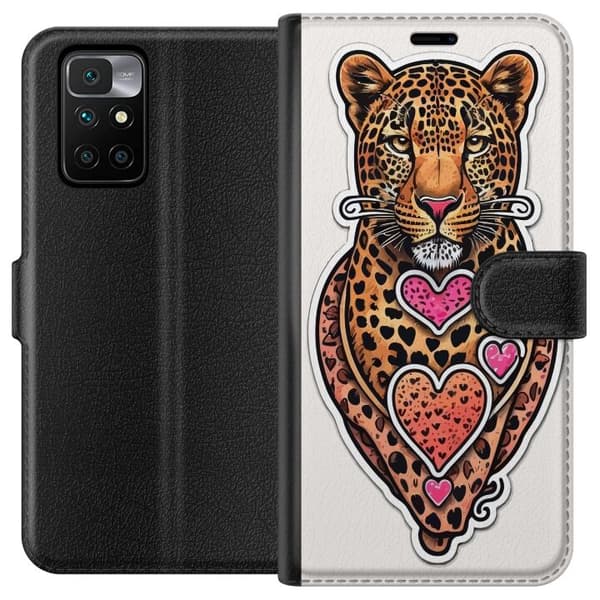 Kompatibel Tegnebogsetui til Xiaomi Redmi 10 Illustreret leopard med lyserøde og orange hjerter, sorte pletter og dekorative detaljer orange