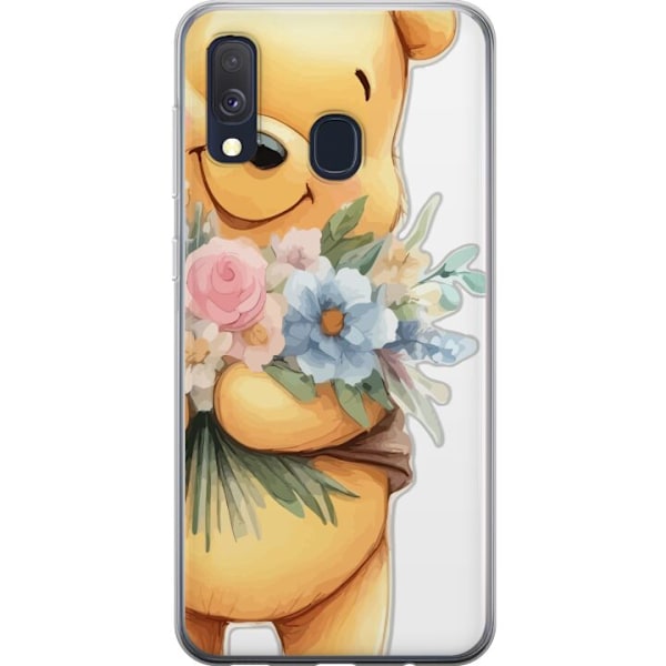 Samsung Galaxy A40 Genomskinligt Skal Nalle Puh med blommor – klassisk barnfavorit i blommande vårmiljö