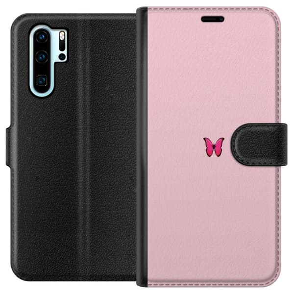 Kompatibel Tegnebogsetui til Huawei P30 Pro Pink sommerfugl