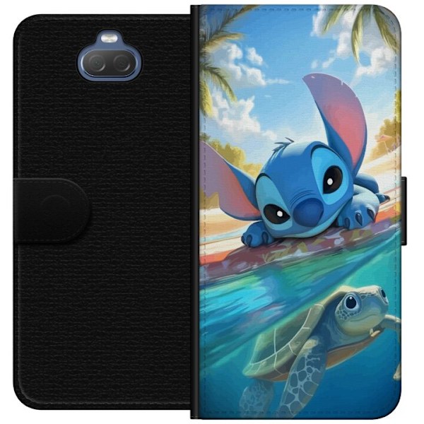 Sony Xperia 10 Tegnebogsetui Stitch med skildpadde - sød blå alien i tropisk strandmiljø fra Disney