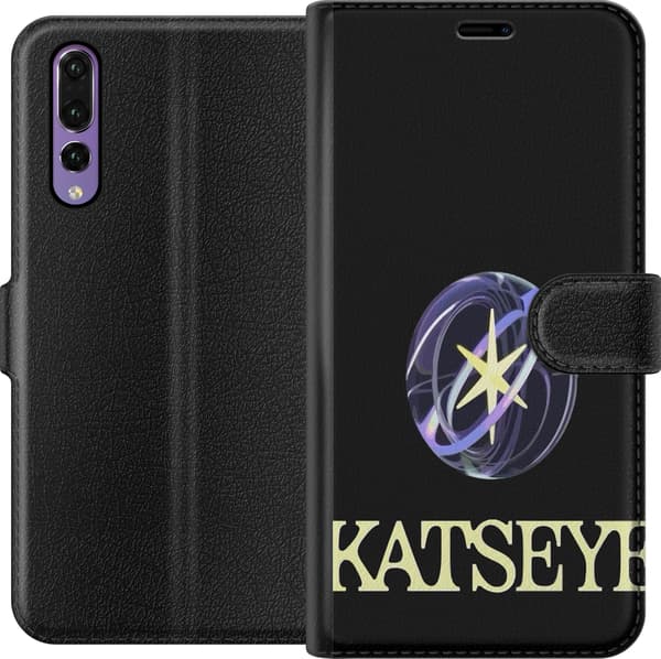 Kompatibel Tegnebogsetui til Huawei P20 Pro KATSEYE-logo med gul stjerne, lilla omløbsringe og lys typografi på sort baggrund sort